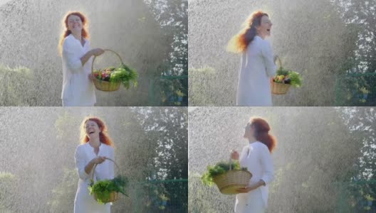 一个女人带着一篮子新鲜蔬菜在雨中纺纱高清在线视频素材下载