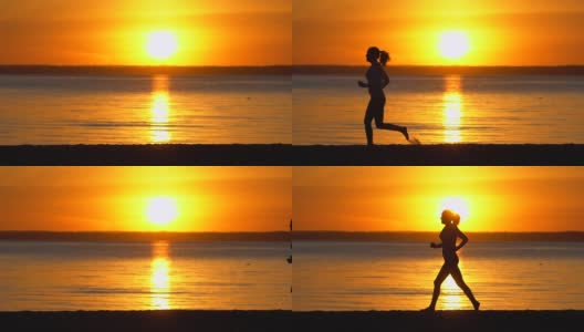 在日落时，在海洋海滩上跑步的运动女人的剪影。女性慢跑者在大自然中慢跑。运动女孩在户外跑步。健康健身健身运动跑步理念。太阳光慢动作高清在线视频素材下载