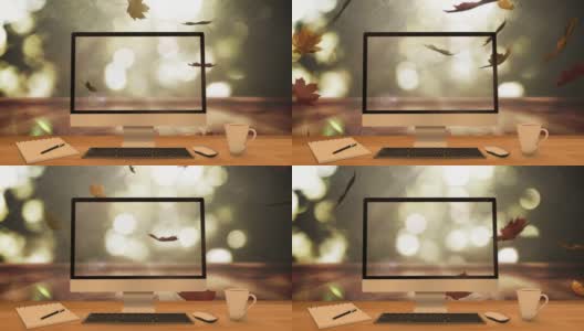 动画树叶落在笔记本电脑和电脑和书桌高清在线视频素材下载
