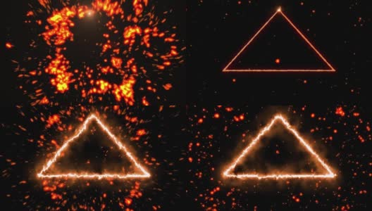 动画的橙色和红色的粒子和三角形火焰光轨迹移动在黑色的背景高清在线视频素材下载