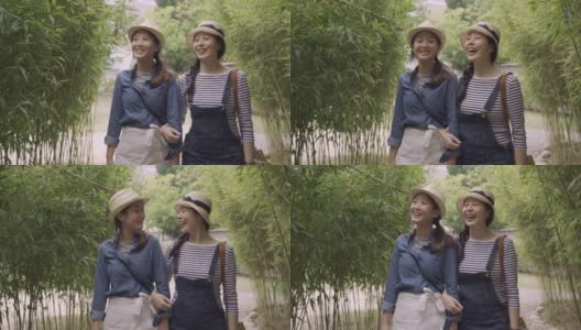 两位年轻的亚洲女性游客在自然森林中漫步，指着并谈论周围的环境。在日本大阪的竹林里，女友们悠闲地聊天。美丽最好的姐妹牵着手走高清在线视频素材下载