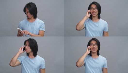 英俊开朗的年轻亚洲人电话交谈高清在线视频素材下载