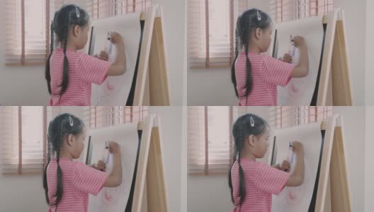 亚洲小女孩用彩笔在纸上画画高清在线视频素材下载