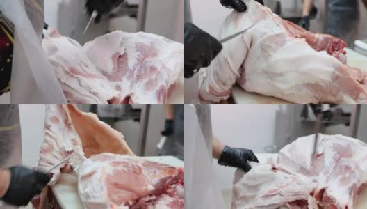 在肉类加工厂，屠夫用刀切生猪肉的皮高清在线视频素材下载