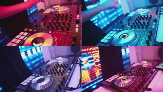 DJ的手在拧着DJ的遥控器上的不同按钮，俱乐部里的颜色和轻音乐。与dj派对高清在线视频素材下载