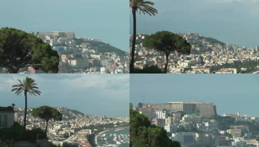 意大利那不勒斯:圣埃尔摩城堡，城市，海湾，港口高清在线视频素材下载