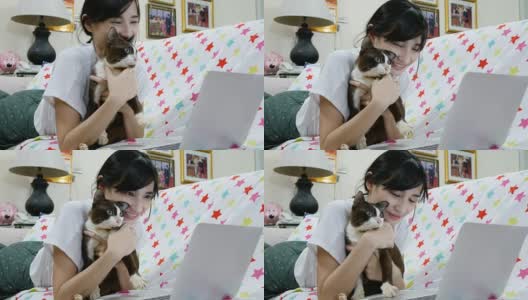 年轻女子坐着，抱着她可爱的猫高清在线视频素材下载