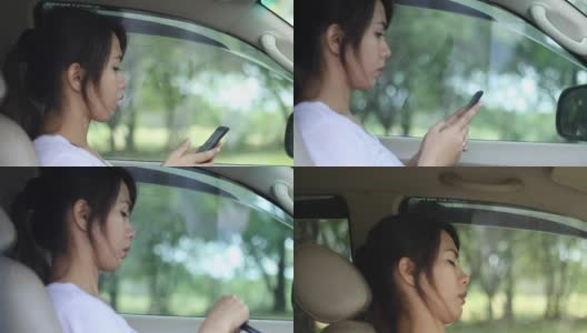 一个女人在车里用智能手机高清在线视频素材下载