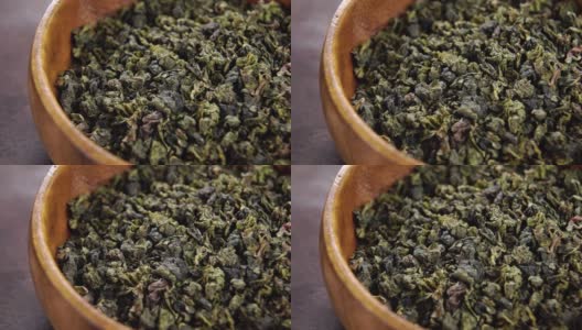 中国传统的干绿茶叶在乡村木碗高清在线视频素材下载