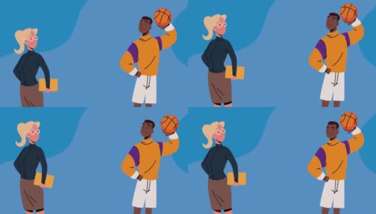 女商人和篮球运动员工人的角色高清在线视频素材下载
