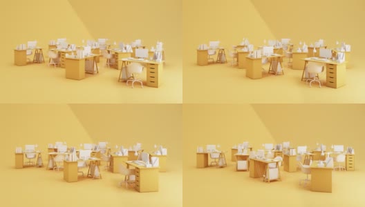 最小的概念，电脑在桌子和椅子黄色与复制空间为您的文本。3d渲染动画循环高清在线视频素材下载