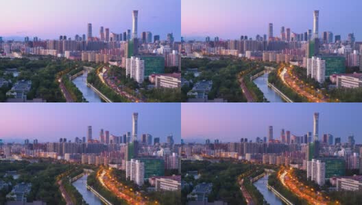 4 k。4096 x2304p。25 fps。时间流逝，视频CBD的城市景观与汽车交通流的主要道路在河边在黄昏/日落在北京，中国高清在线视频素材下载