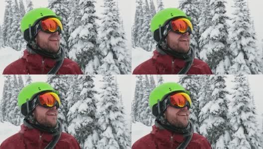 快乐的滑雪者在暴风雪期间户外滑雪板高清在线视频素材下载