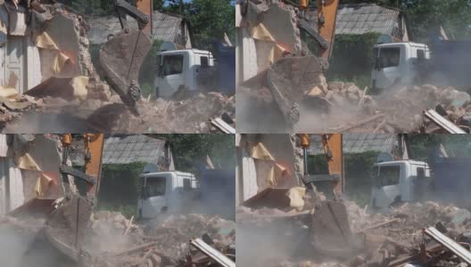旧建筑拆除的过程。挖掘机拆旧房子，关闭高清在线视频素材下载