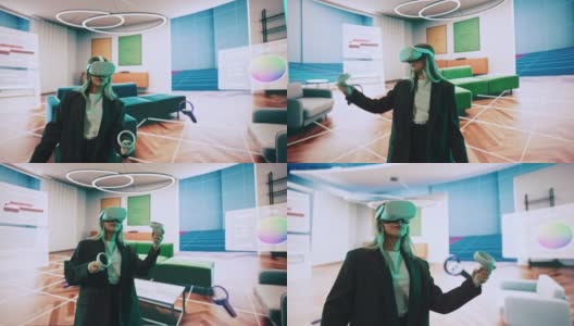 室内设计师展示现代VR软件设计生活空间。女工程师使用耳机和控制器在舞台上的大屏幕上展示功能。高清在线视频素材下载