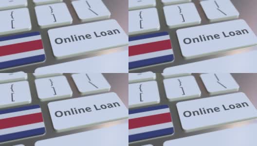 在线贷款文本和哥斯达黎加的旗帜在键盘上。现代信用相关概念3D动画高清在线视频素材下载