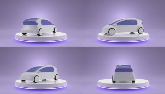 电动汽车与未来设计的圆形发光平台在展厅。以氢燃料电池为主题的汽车，环保交通工具在车展或车展上的展示，3d渲染动画高清在线视频素材下载