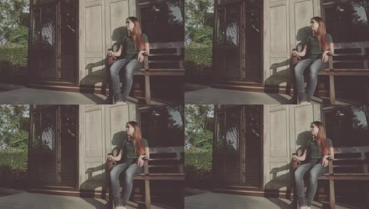 4K Cinemagraph: Motion Photo Seamless Loop - Hipster Girl Sitting On The木制椅子高清在线视频素材下载
