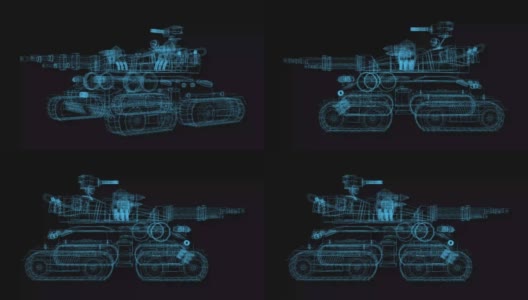 军用坦克3d线框与细蓝线。坦克部队未来主义全息图在黑色背景上。循环旋转动画高清在线视频素材下载