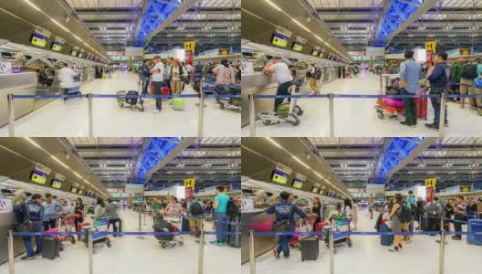 时光流逝:旅客在机场办理登机手续的柜台大厅高清在线视频素材下载