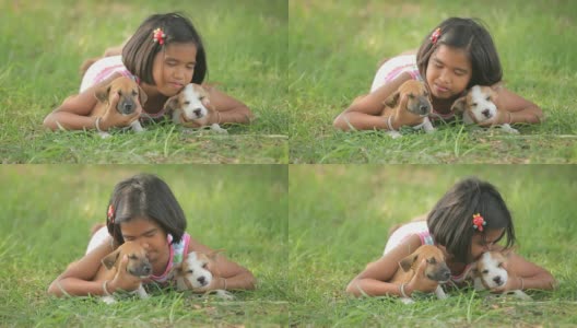 小女孩和小狗在花园里高清在线视频素材下载