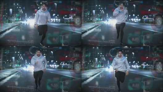 一名男子运动员利用最新的创新技术增强现实全息图在夜间市中心奋力奔跑的电影镜头。运动的概念，沉浸式技术，决心高清在线视频素材下载