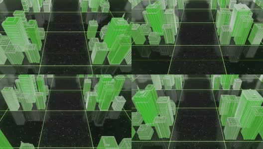 无缝循环三维城市线框绿色在黑色背景与白色星星。动画。抽象的方形表面上的霓虹灯建筑高清在线视频素材下载
