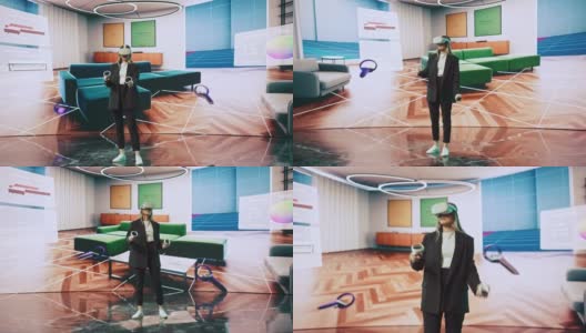 室内设计师使用VR软件设计一个家，尝试不同的颜色，在互动环境中移动家具。为她的项目使用虚拟现实耳机和控制器的女工程师。高清在线视频素材下载