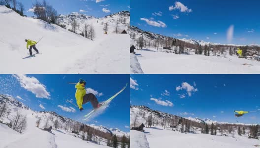 自由式滑雪运动员在雪场表演跳高特技高清在线视频素材下载