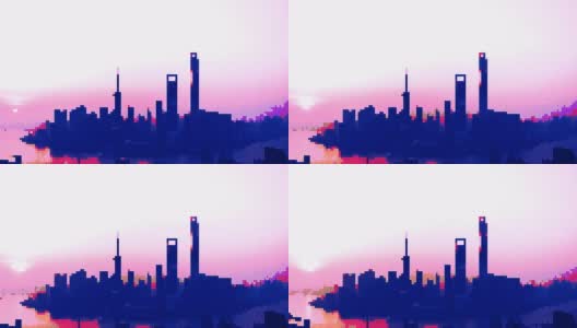 T/L像素艺术都市，上海天际线鸟瞰图高清在线视频素材下载