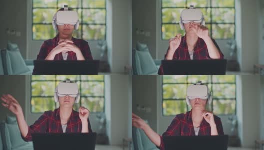 女性业务与VR虚拟现实元世界数字世界技术AR增强现实设计工作在家高清在线视频素材下载