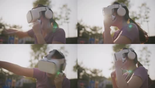 亚洲女性戴着虚拟现实耳机在户外打拳击锻炼高清在线视频素材下载