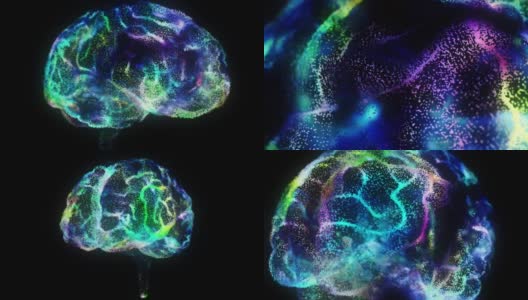 围绕着人工智能数字大脑旋转。大脑是由彩色粒子组成的高清在线视频素材下载