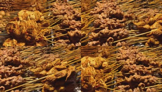印尼传统街头小吃“angkringan”，在小吃摊的各种烤沙嗲，从jogja或solo，中爪哇，印尼。通常在晚上开放高清在线视频素材下载