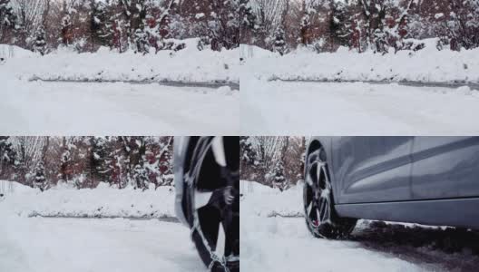 带雪链的汽车行驶在冰雪覆盖的道路上高清在线视频素材下载