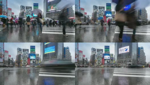 高清延时:涉谷十字路口下着雨的行人高清在线视频素材下载