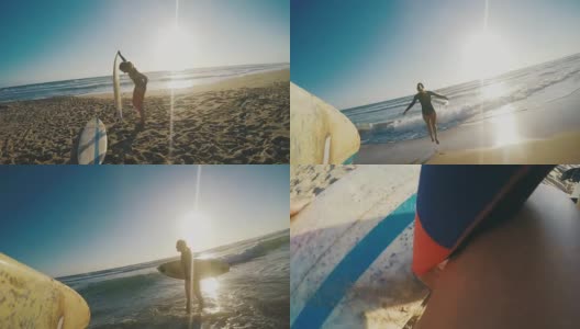 暑期视频:冲浪者女孩走向海边高清在线视频素材下载