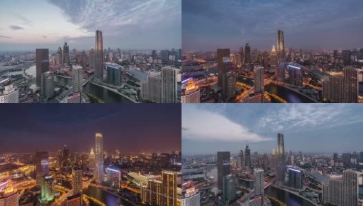 T/L WS HA戏剧性的天津城市天际线，从白天到夜晚的过渡/天津，中国高清在线视频素材下载