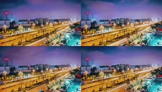 中国昆明夜晚的柏油路和现代城市天际线高清在线视频素材下载