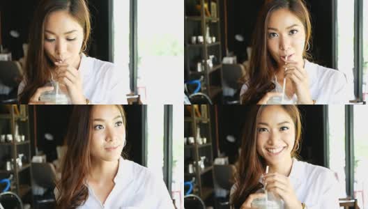 亚洲女人喝冰咖啡高清在线视频素材下载
