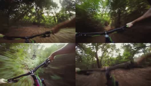 视角POV山地车在森林中快速骑行高清在线视频素材下载
