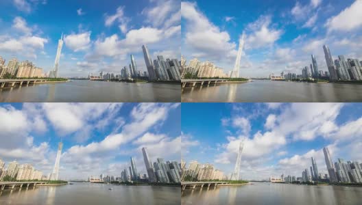 现代化的办公大楼在广州河边的蓝天。间隔拍摄高清在线视频素材下载