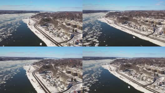 冬天圣劳伦斯河因无人机结冰，魁北克市高清在线视频素材下载