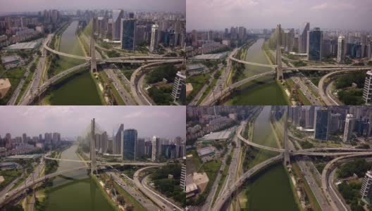 无人机飞过桥梁和河流高清在线视频素材下载