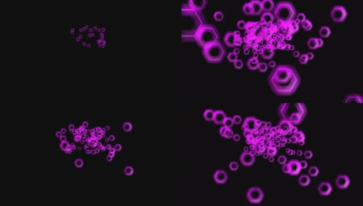 粉红色的霓虹五边形，闪烁着移动的光束。黑色背景上的抽象动画。高清在线视频素材下载