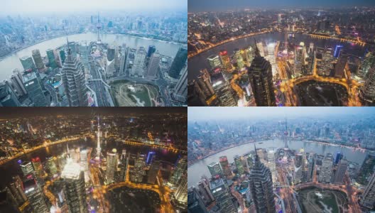 上海从白天到夜晚的全景天际线、建筑和交通，时光流逝。高清在线视频素材下载