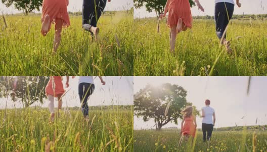 妈妈和女儿赤脚在草地上跑步高清在线视频素材下载