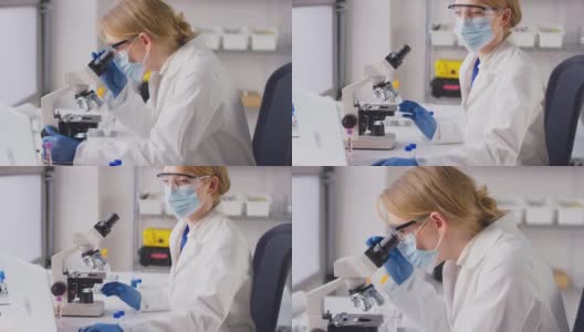 穿着个人防护装备的实验室女研究人员通过显微镜观察并在笔记本电脑上记录结果高清在线视频素材下载