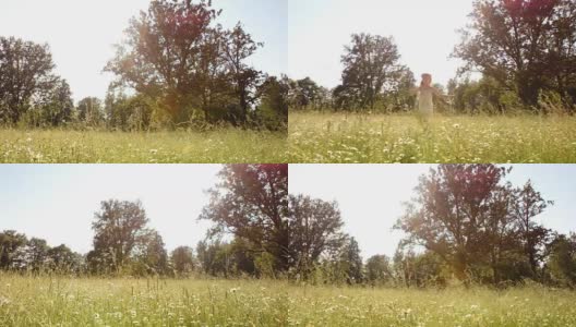 SLO MO DS女孩跑过夏天的草地高清在线视频素材下载