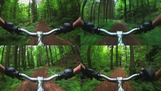 POV山地自行车穿过绿色森林高清在线视频素材下载